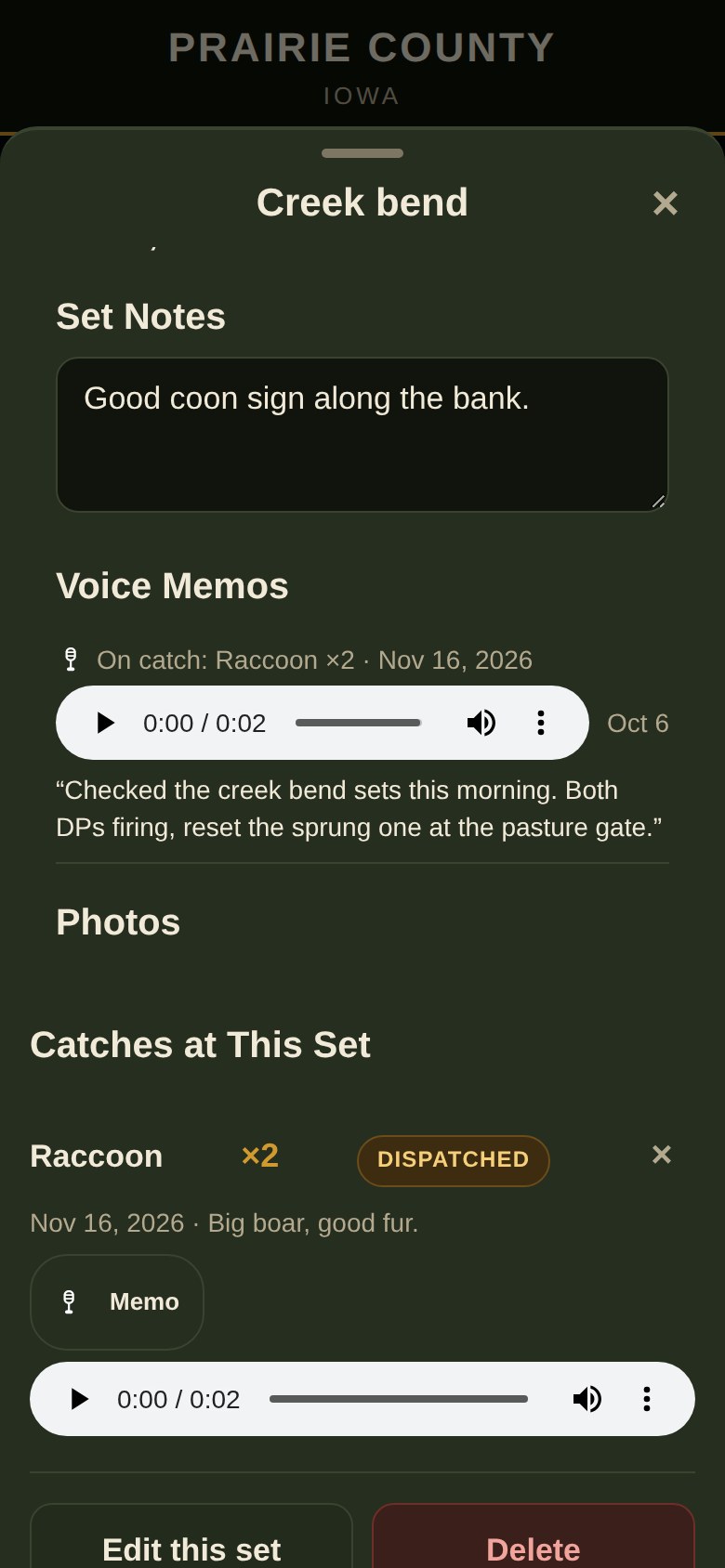 Opossum Foot trapping app catch log screen with voice notes