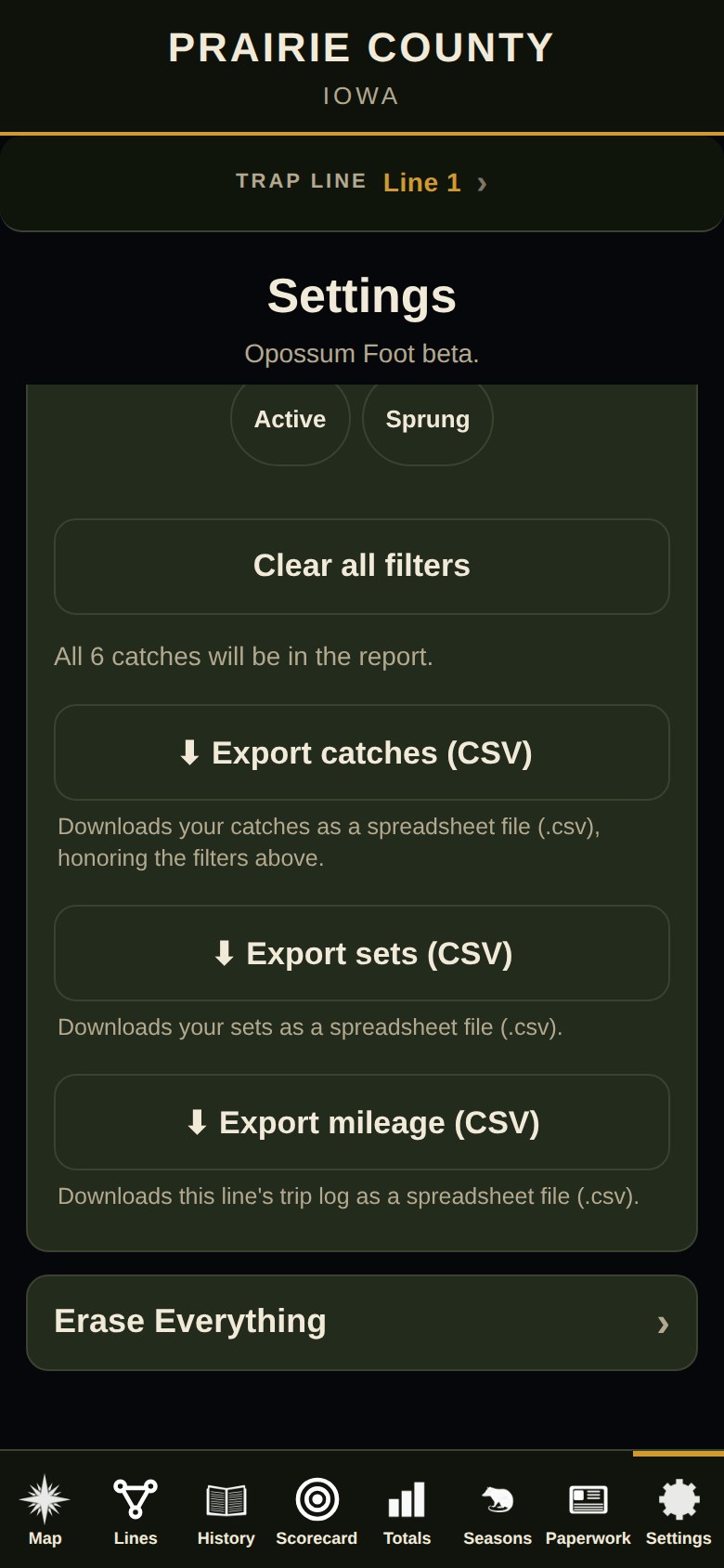 Opossum Foot trapping app catch records exported to CSV in a spreadsheet