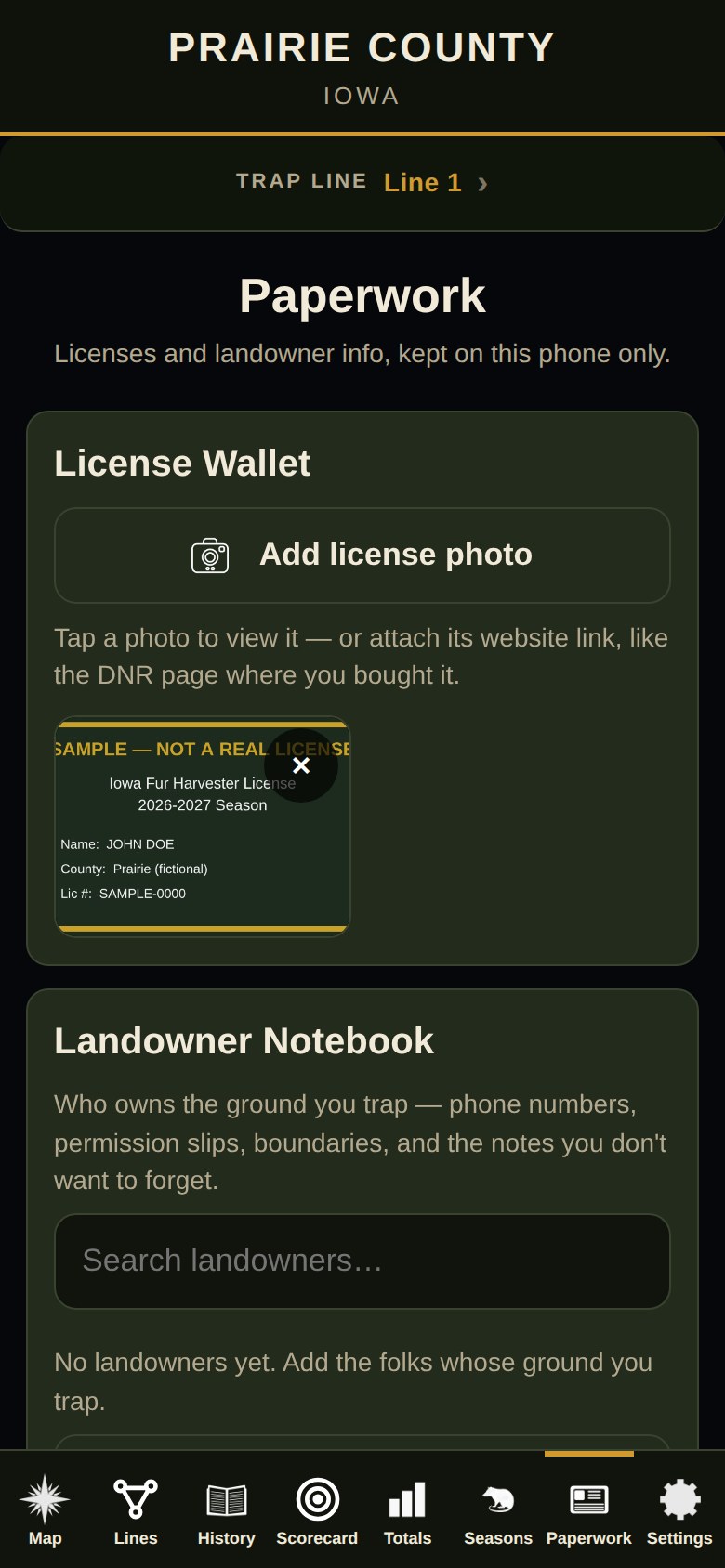 Opossum Foot trapping app license wallet screen with an example license photo