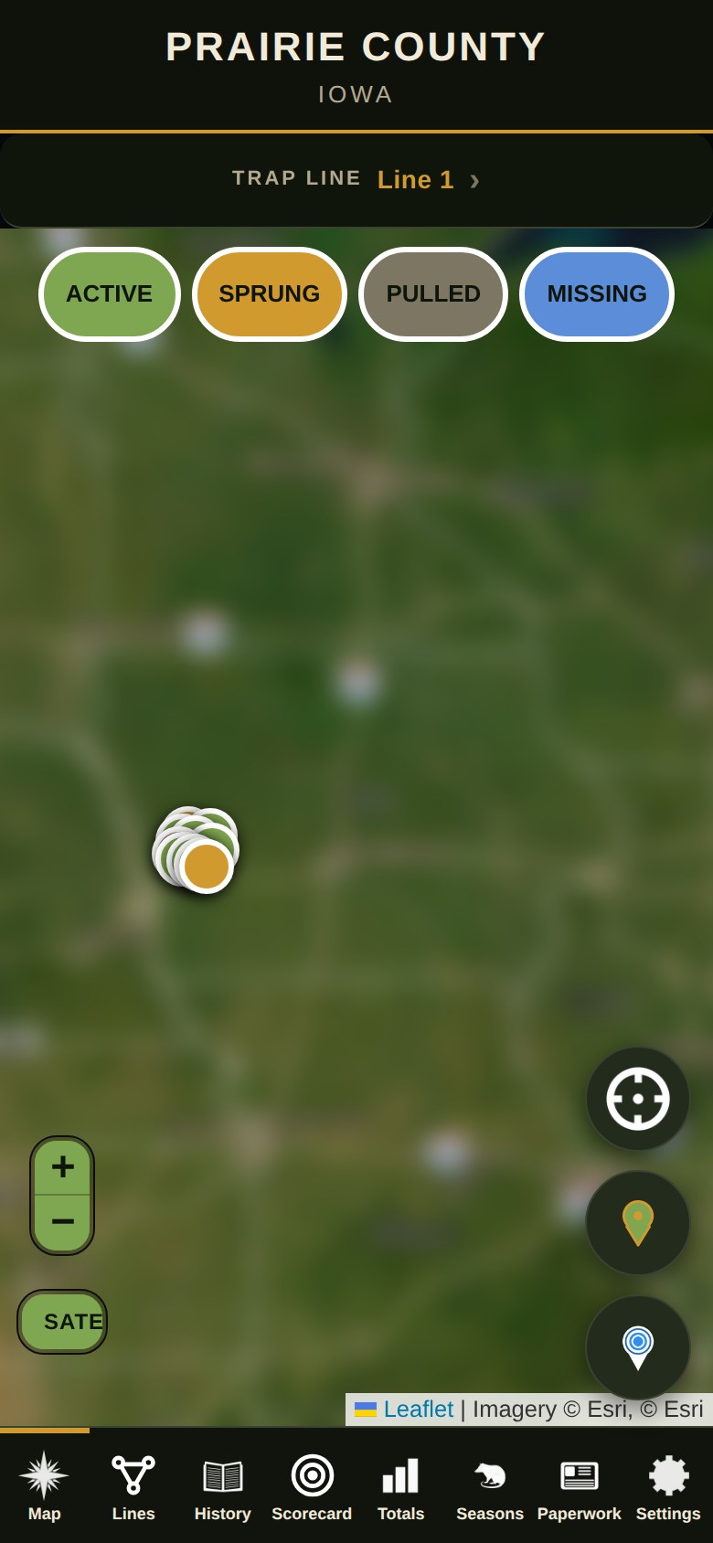 Opossum Foot trapping app map screen showing trap sets across a county